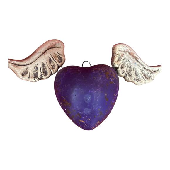 Purple Heart with White Wings Wall Art Ornament Rustic Boho Decor - Picture 1 of 11